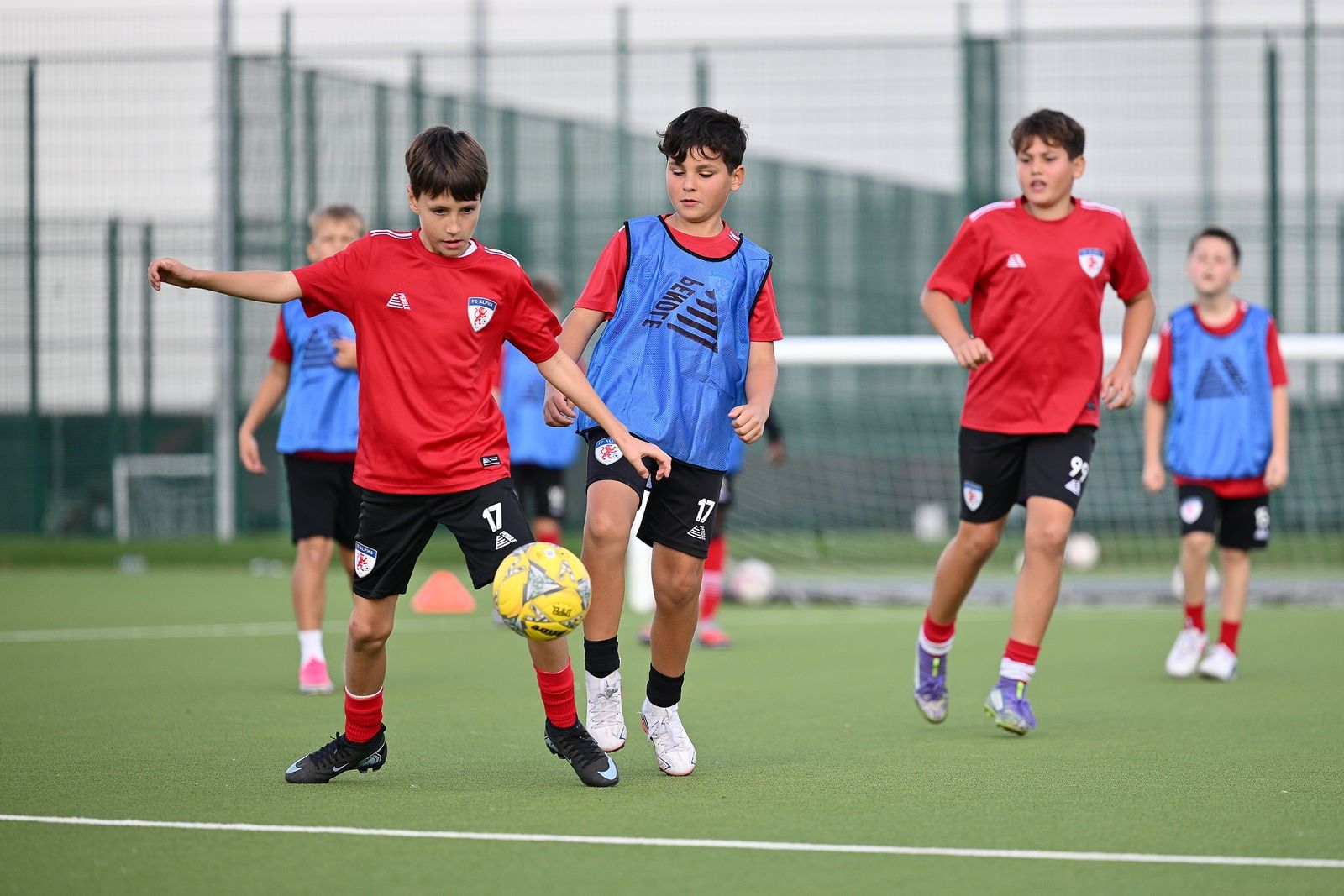 Under 10 & 11 players in a match drill at FC Alpha Academy, Basildon